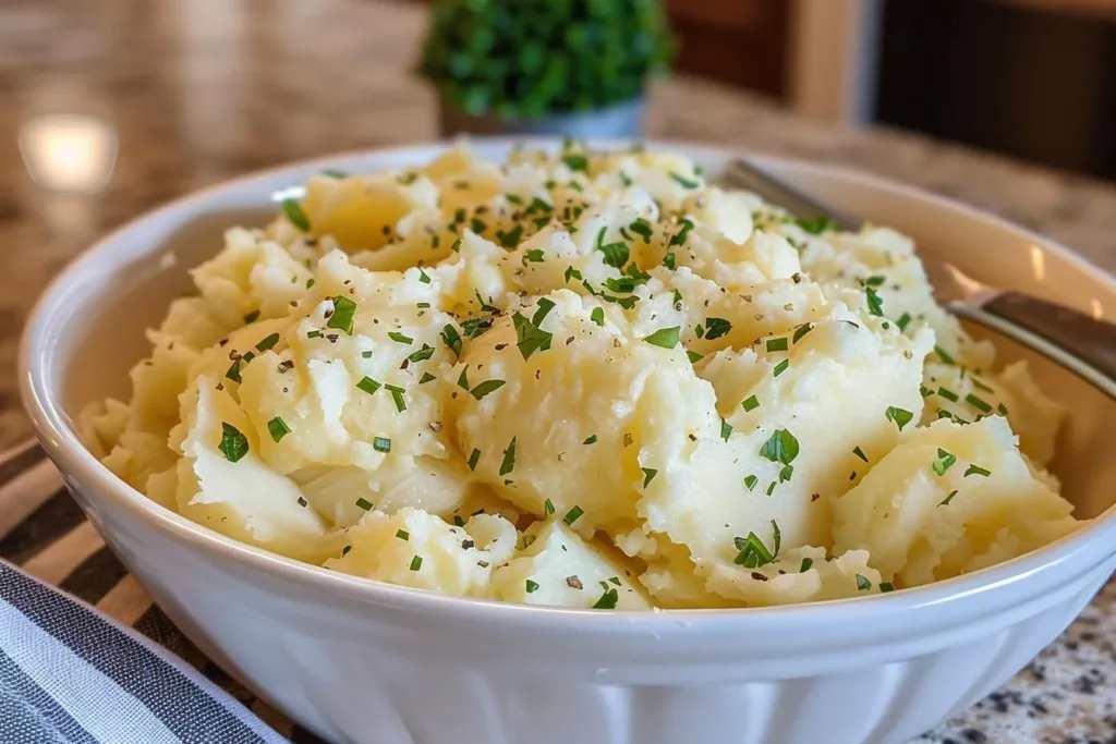 Creamy garlic mashed potatoes served in a bowl, garnished with parsley.