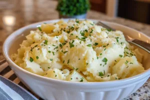 Creamy garlic mashed potatoes served in a bowl, garnished with parsley.