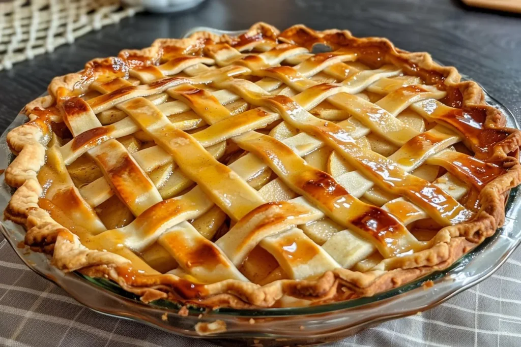 Slice of delicious German Apple Pie served on a plate with cinnamon and apples