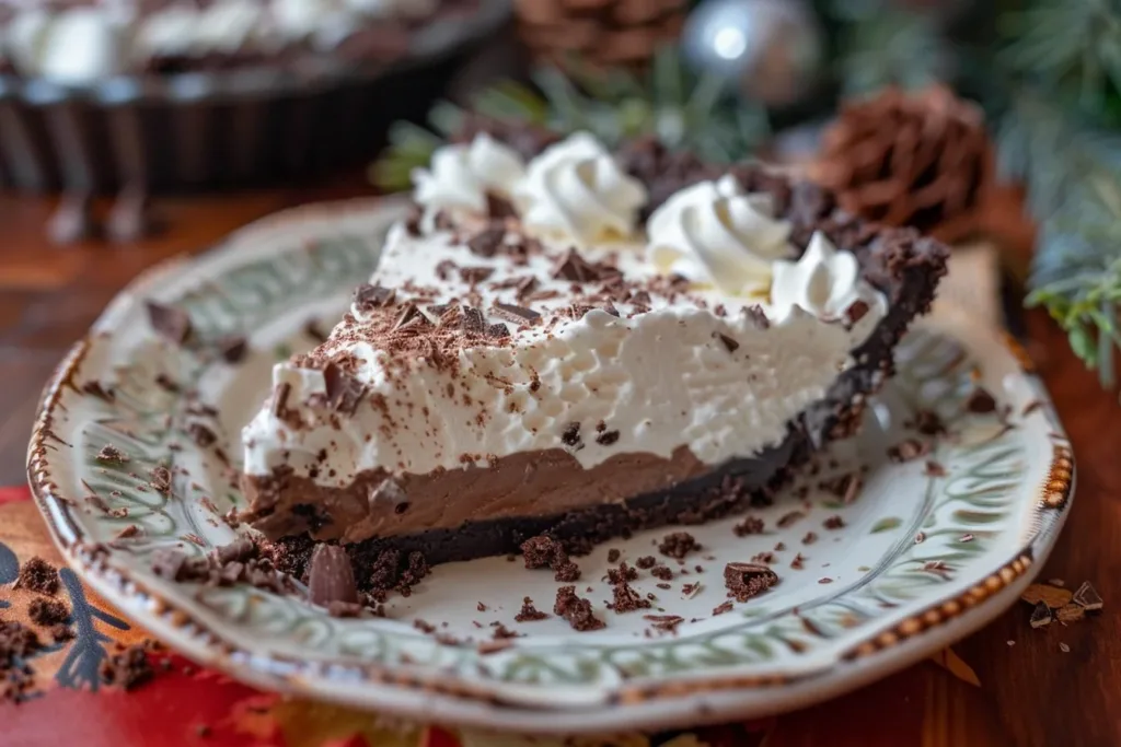 Delicious Grasshopper Pie topped with whipped cream and chocolate shavings.