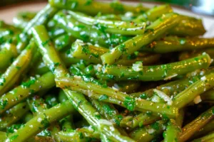 Plate of green beans with Parmesan cheese on a wooden table