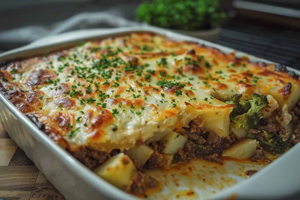 Healthy Loaded Beef and Potato Bake topped with fresh herbs and vegetables