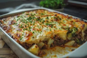 Healthy Loaded Beef and Potato Bake topped with fresh herbs and vegetables