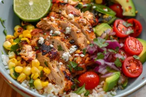 High protein street corn chicken bowls topped with fresh ingredients