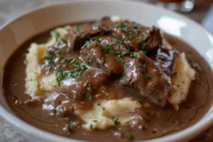 Homemade Brown Gravy in a bowl with a spoon