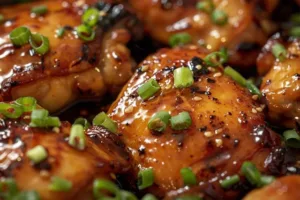 Delicious Honey Garlic Chicken garnished with sesame seeds and green onions
