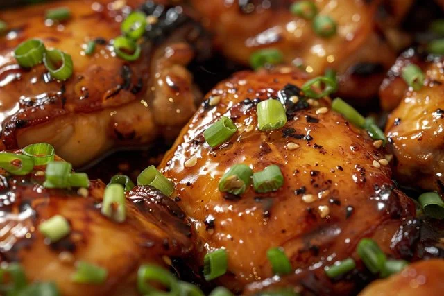 Delicious Honey Garlic Chicken garnished with sesame seeds and green onions