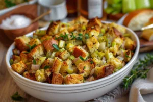 Delicious homemade stuffing recipe prepared for a festive meal.