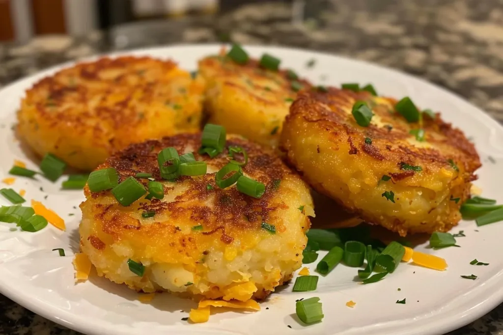 Golden brown mashed potato cakes served with a dipping sauce