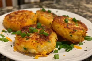 Golden brown mashed potato cakes served with a dipping sauce