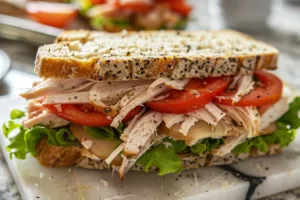 Delicious leftover turkey sandwich with fresh ingredients and toppings