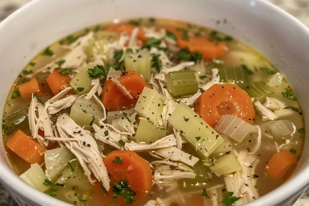 Delicious leftover turkey soup in a bowl garnished with herbs