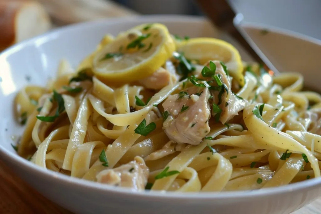 Plate of lemon chicken pasta garnished with parsley and lemon slices