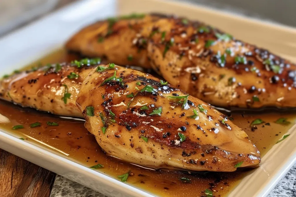 Maple Dijon Chicken served with a side of roasted vegetables on a plate.