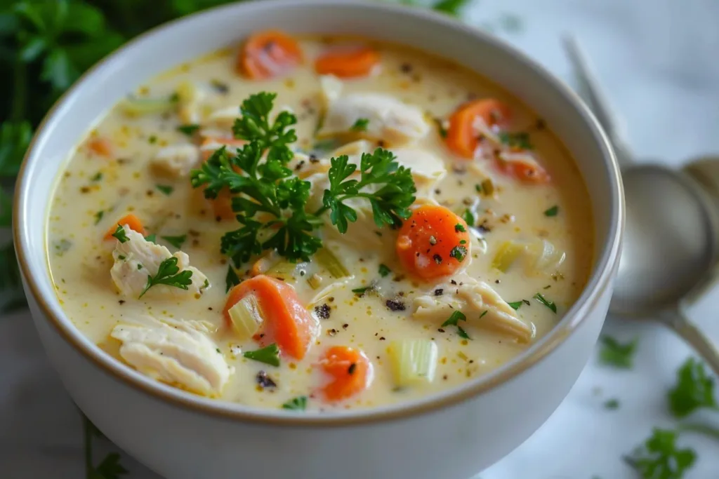 A bowl of creamy Marry Me Chicken Soup garnished with herbs and spices.