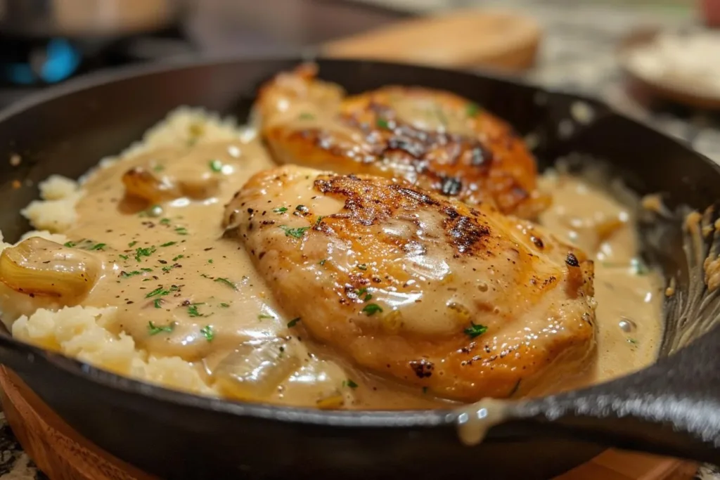 Delicious chicken and gravy served with mashed potatoes
