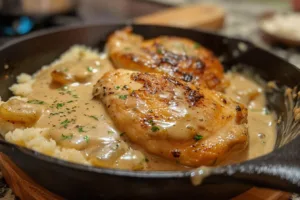 Delicious chicken and gravy served with mashed potatoes