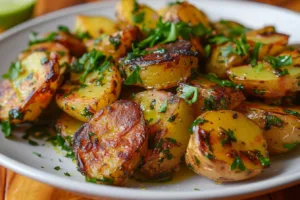 Plate of crispy Mojo Potatoes garnished with herbs and spices