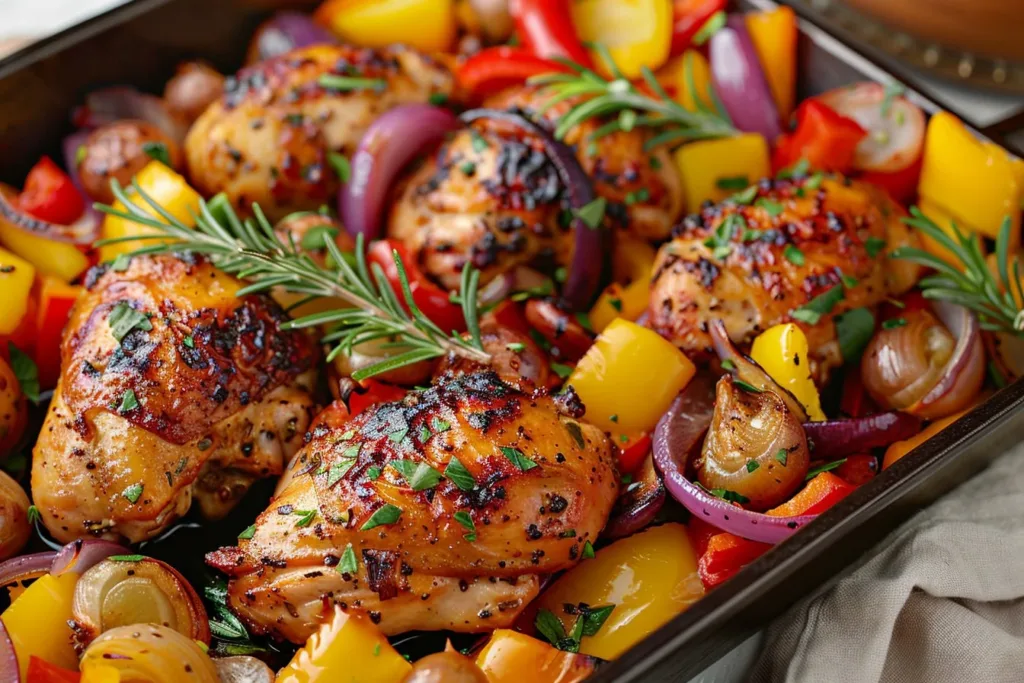 Delicious one pan chicken dish ready to serve, showcasing vibrant vegetables.