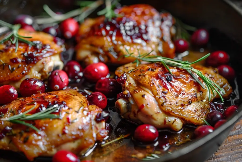 One-Pan Cranberry Rosemary Chicken dish garnished with fresh herbs.