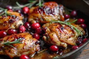 One-Pan Cranberry Rosemary Chicken dish garnished with fresh herbs.