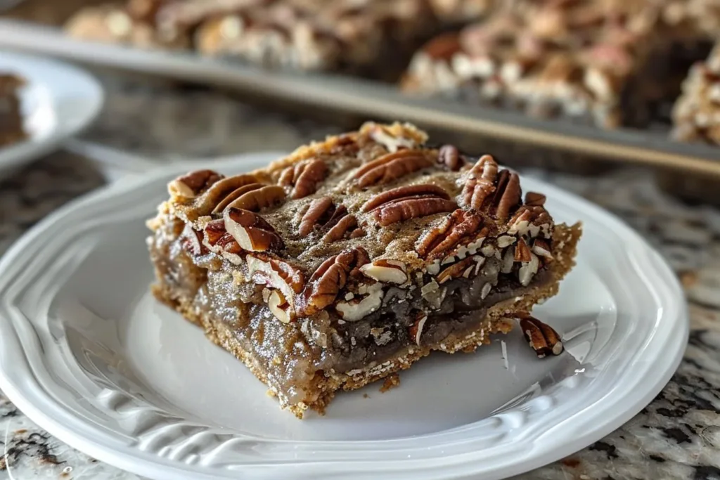 Delicious homemade pecan bars with a rich caramel filling and nut topping.