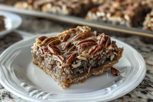 Delicious homemade pecan bars with a rich caramel filling and nut topping.