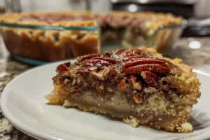 Delicious Pecan Pie Dump Cake served on a plate with nuts on top.