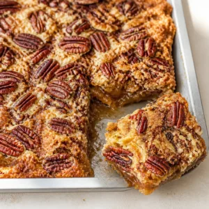 Delicious Pecan Pie Dump Cake with a gooey filling and buttery cake topping