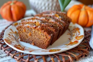 Loaf of homemade persimmon bread garnished with fresh persimmons