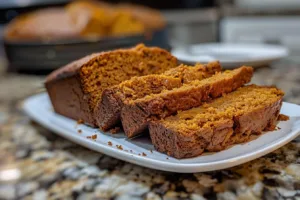 Homemade pumpkin bread sliced on a wooden board with spices and pumpkins.