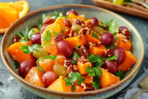 A colorful Pumpkin Clementine Salad with greens, pumpkin, and citrus slices.