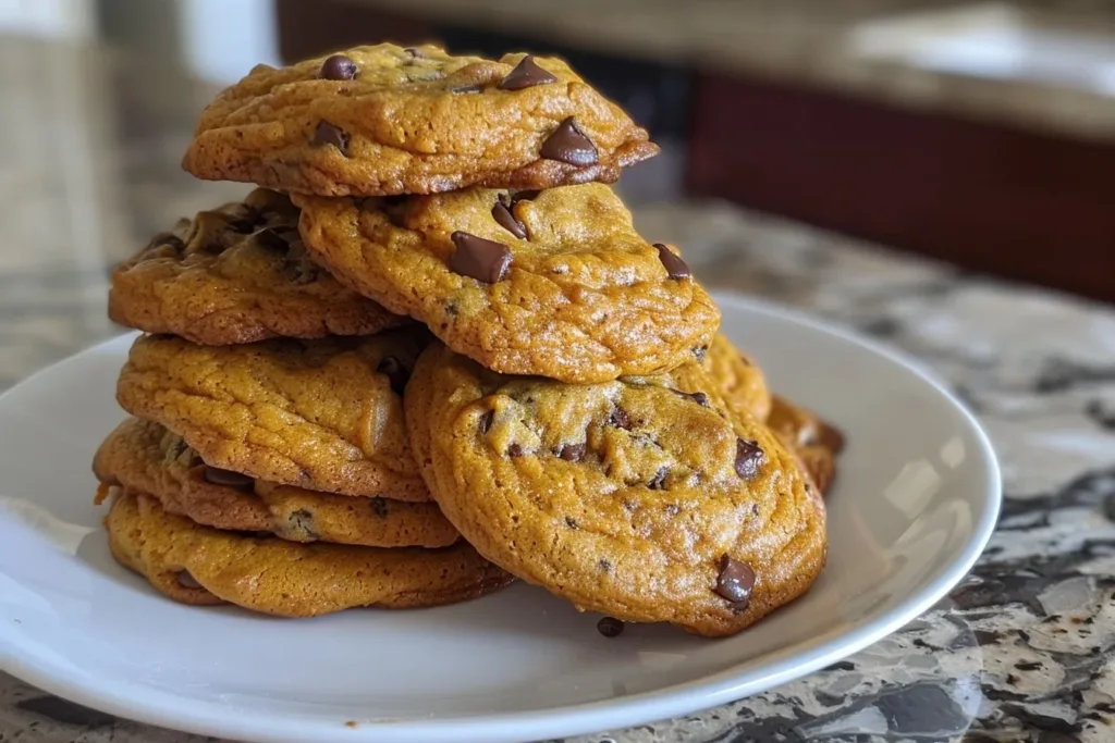 Homemade pumpkin cookies with spices and frosting on a wooden plate