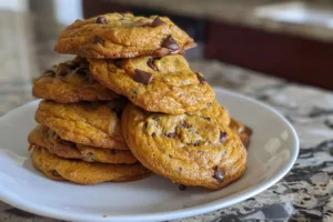 Homemade pumpkin cookies with spices and frosting on a wooden plate