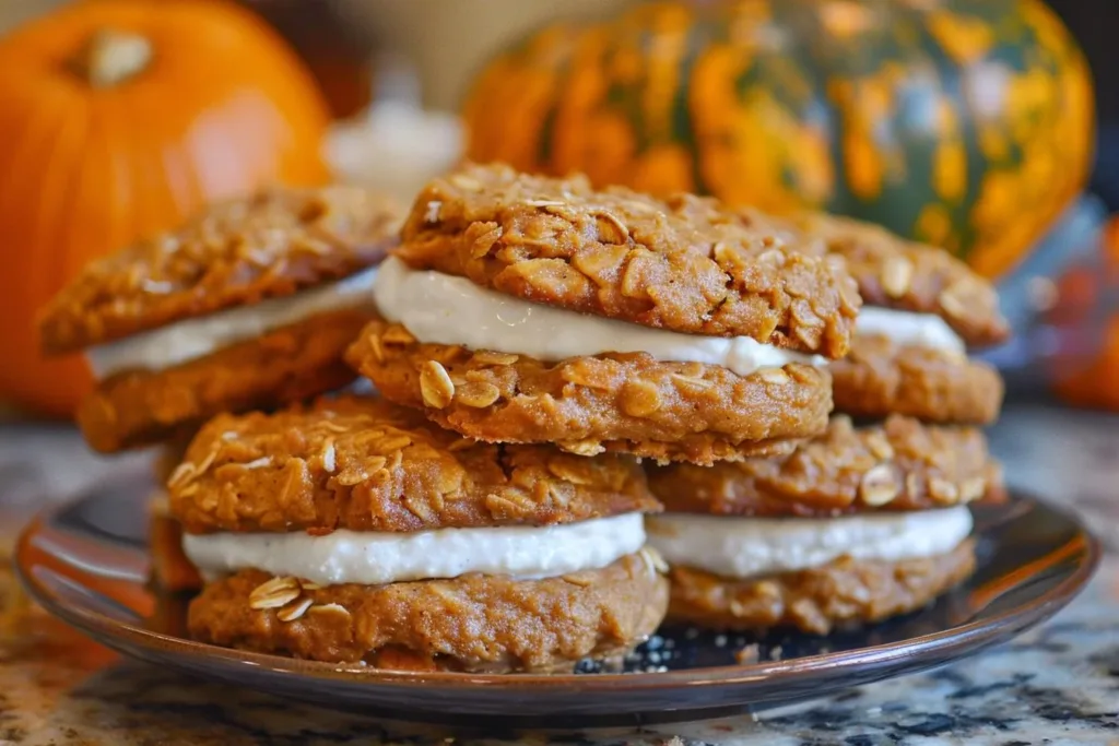 Pumpkin Oatmeal Cream Pies with creamy filling and oatmeal cookies.