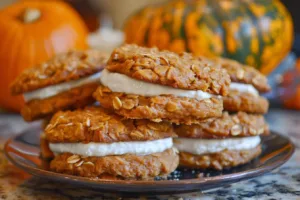 Pumpkin Oatmeal Cream Pies with creamy filling and oatmeal cookies.