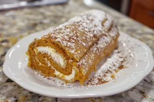 Delicious pumpkin roll dessert with cream filling and autumn spices.