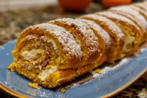 Delicious homemade Pumpkin Roll dessert served on a plate