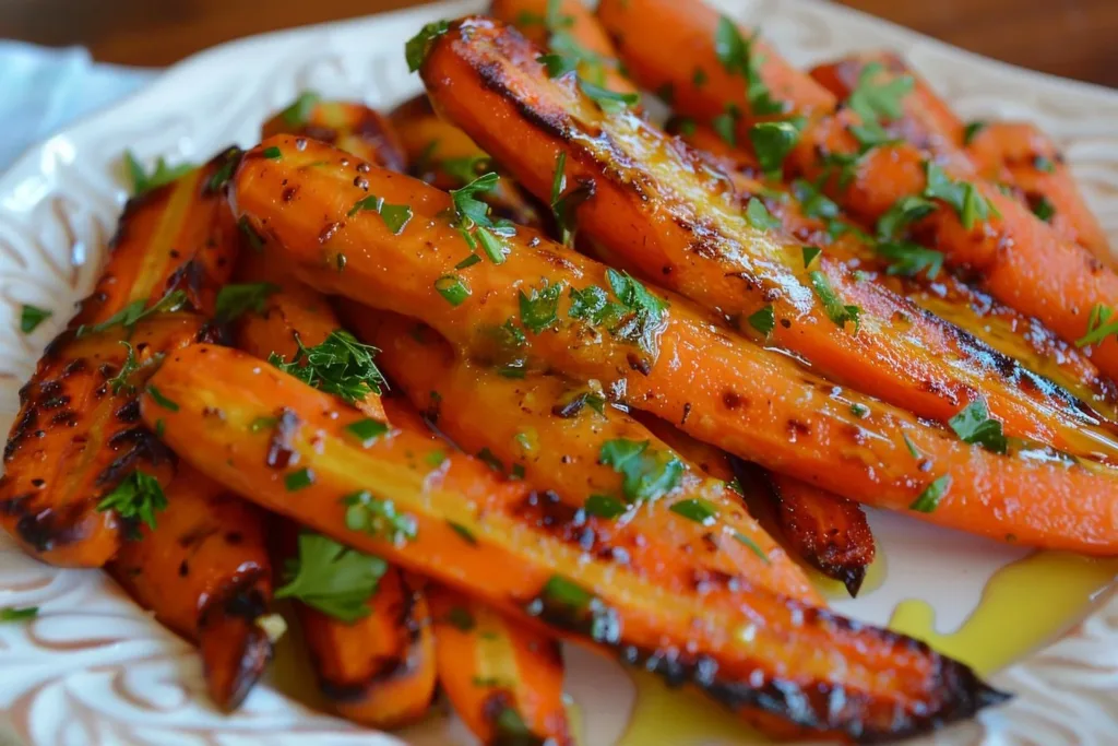 Plate of roasted carrots drizzled with honey glaze ready to serve.