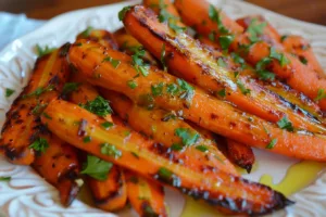 Plate of roasted carrots drizzled with honey glaze ready to serve.