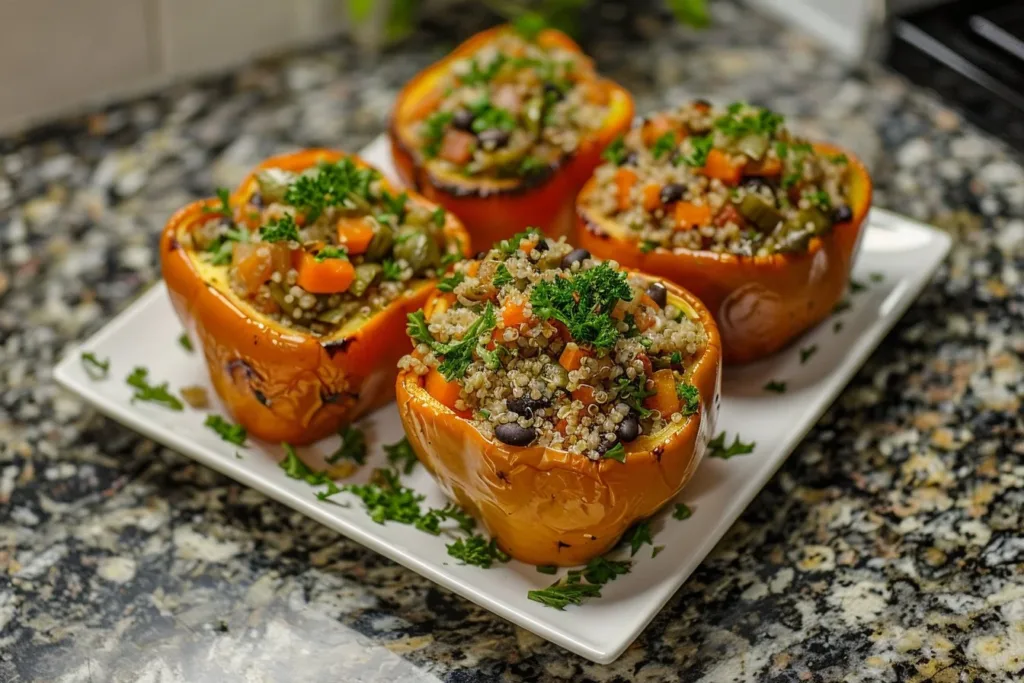 Roasted fall vegetable stuffed bell peppers fresh out of the oven