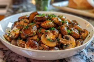 Plate of roasted mushrooms in browned butter, garlic, and thyme sauce