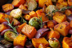 A platter of roasted Thanksgiving vegetables including carrots, Brussels sprouts, and squash.