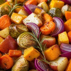 A colorful platter of roasted Thanksgiving vegetables including Brussels sprouts and carrots.