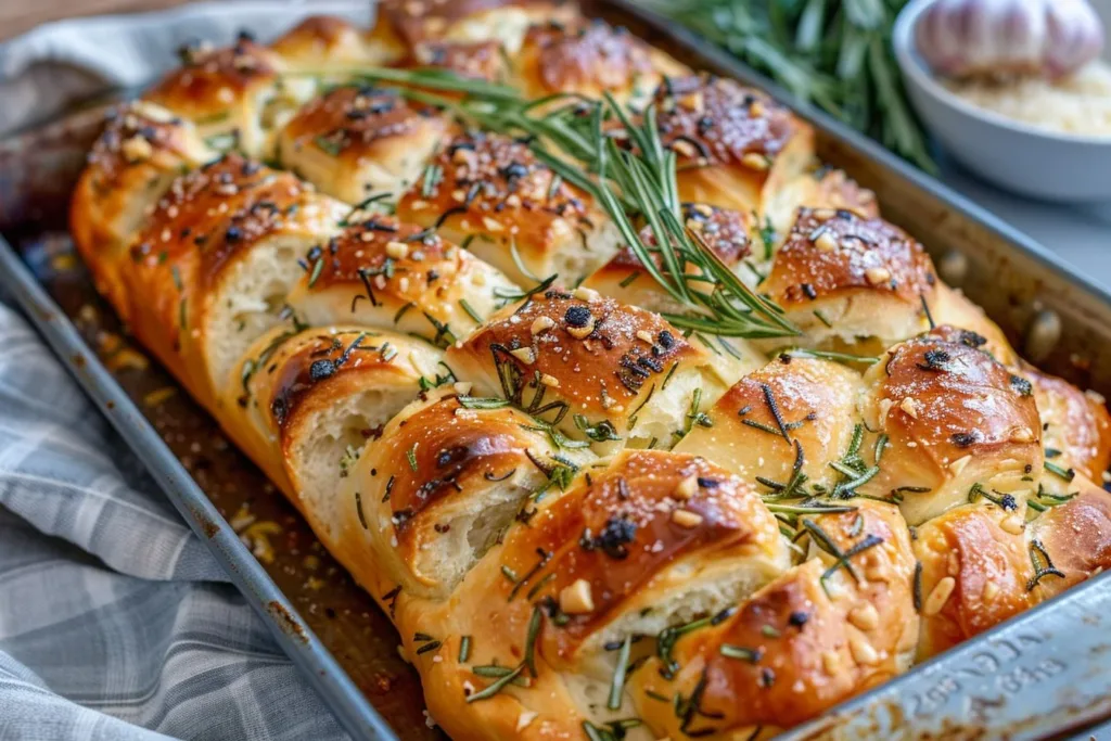 Rosemary Garlic Pull Apart Bread served on a rustic wooden table