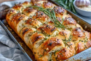 Rosemary Garlic Pull Apart Bread served on a rustic wooden table