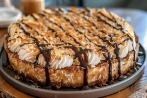 Samoas Cookie Pie topped with caramel and chocolate drizzle