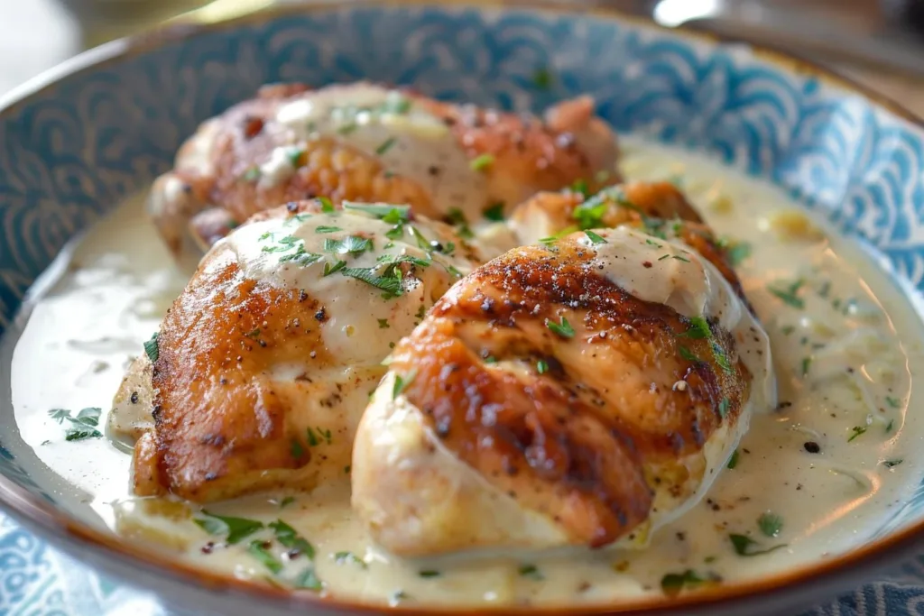 Delicious smothered sour cream chicken served with herbs and spices