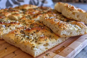 Freshly baked sourdough focaccia topped with herbs and olives