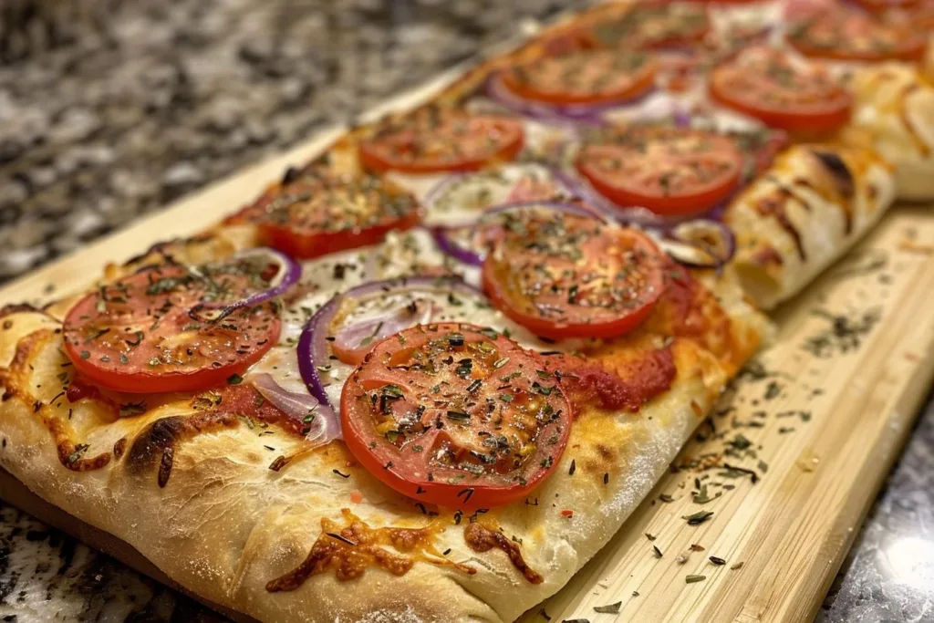 Delicious sourdough focaccia pizza topped with fresh herbs and vegetables.